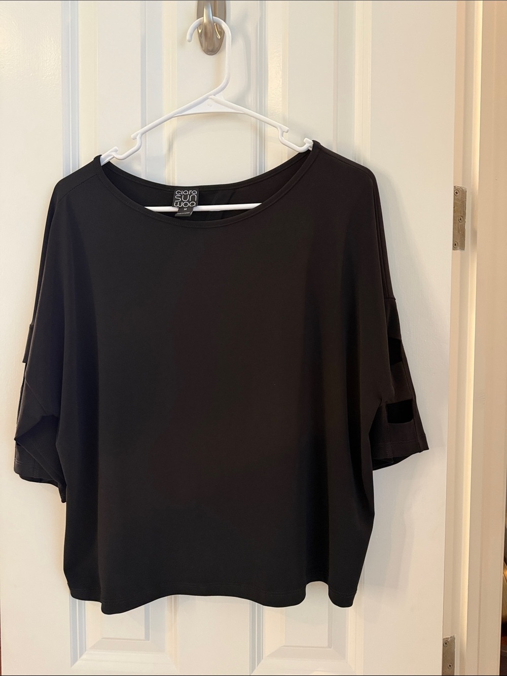 Clara Sun Woo Black Boxy Short-Sleeve Top with Cutout Sleeve Detail